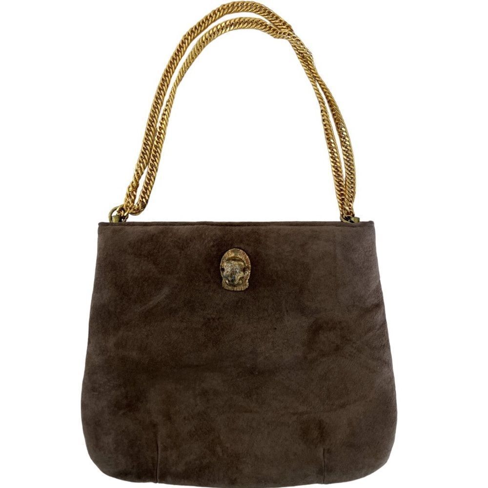 RUTH SALTZ  Vintage Suede Purse Chain Handle Brown Metal Tiger Head.